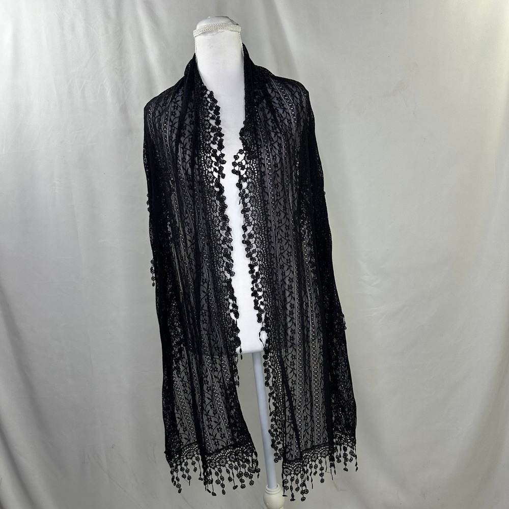Unbranded OS Lace Shawl Black Beaded Fringe Gothic Victorian Whimsigoth Wrap